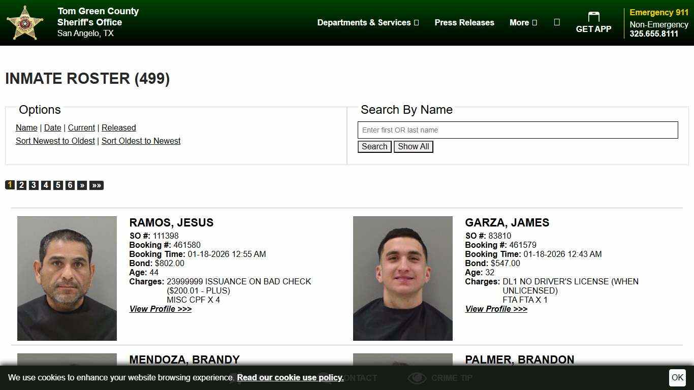 Inmate Roster | Tom Green County TX Sheriff's Office | Sort Booking Time - Descending | Page 1